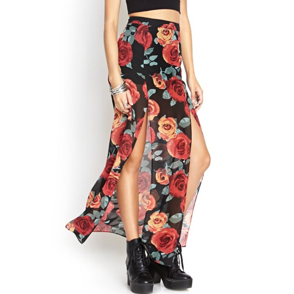 Forever 21 Double Slit Maxi Floral Chiffon Skirt